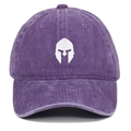 Close-up of embroidered Spartan helmet logo on purple washed cotton baseball cap - One Size / Purple