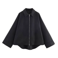 Vintage oversized black zip-up short jacket with wide sleeves and clean minimalist design - S / Black