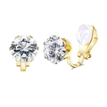 Detail of gold geometric ear clips with clear cubic zirconia and comfortable silicone pads - Gold Round Zirconia