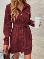 Elegant burgundy corduroy shirt dress with belt and flap pockets, street style outdoor shot - S / Burgundy