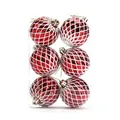 6pcs red Christmas ball ornaments with white glitter diamond pattern and gold strings - Red with White Diamond Grid Style(CJ186)