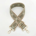 Close-up of geometric ethnic pattern woven strap with gold metal swivels and adjustment buckles - Gold Buckle / Dark Khaki and Green Flower