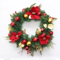 Christmas wreath with artificial red poinsettias, gold and red baubles on green pine needles - Classic Red Gold Poinsettia Style (SDHH010-11)