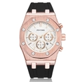Rose gold quartz sports watch with black silicone strap and white textured chronograph dial - Rose Gold Case White Face