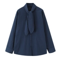 Camicia in cotone a quadri blu scuro a maniche lunghe con elegante collo a fiocco - XS / Blu navy