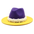 Two-tone wool fedora hat in purple and yellow with elegant pearl trim embellishment - M (56-58cm) / Purple with Yellow