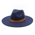Classic dark blue wool fedora hat with flat brim and brown studded leather band - M (56-58cm) / Navy Blue