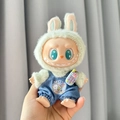 Labubu plush toy in light green rabbit ears hat and denim overalls accessory - Bear Phone Overalls / First And Second Generation Keychains Are Compatible With La Cloth Dolls. Dolls Not Included.