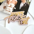 Pink acrylic cupcake topper with golden Happy Valentine's Day text lettering - Happy Valentine's Day Pink Gold