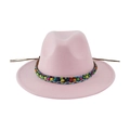 Pink wool felt fedora with colorful ethnic beads and ribbon on white background - 58cm / Light Pink