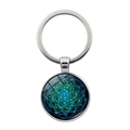 Mandala flower of life glass pendant keychain with silver metal ring on white background - Style 11 / Silver