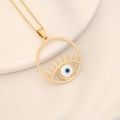 Collar de acero inoxidable dorado con colgante redondo de ojo turco en esmalte azul - Estilo de pestañas huecas redondas(1#)