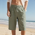 Men's linen casual shorts in sage green with drawstring elastic waist for beach wear - Army Green