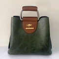 Dark green PU leather tote bag with brown straps and textured pleated finish - Dark Green