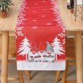 Red Christmas table runner with festive gnomes and white snowflake patterns on linen fabric - 33X180cm / Red
