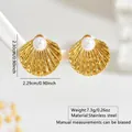 Golden stainless steel seashell stud earrings featuring a centered white pearl inlay - Stainless Steel Pearl Shell Studs