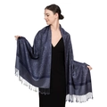 Navy blue pashmina shawl with jacquard paisley pattern and fringe trim for women - Dark Blue Jacquard (T003-91)