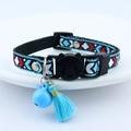 Ethnic plaid cat collar with blue bell and silk tassel featuring a black cat safety buckle - Ethnic Style Blue