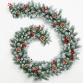 Detail of 9ft Christmas garland with white flocking, red berries, and natural pinecones - SGT003 (Without Lights)