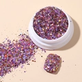 Holographic purple and gold nail glitter flakes in round jar with sample nail - Korean Large Sequins #04