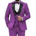 Bright purple men's three-piece slim fit suit with black peaked lapels and metal brooch - Purple