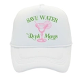 White mesh trucker hat featuring green Save Water Drink Margs slogan and pink cocktail icon - Adult - Adjustable / All White
