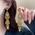 Vintage golden long tassel earrings with sparkling rhinestones for party and banquet wear - Antique Gold Exotic Jhumka Tassel (268)