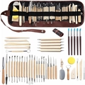 Clay pottery tool set with wooden carving knives and black canvas roll-up storage bag - 46-piece Clay Tool Set / Pencil Pouch
