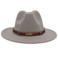 Dark grey felt fedora hat with wide brim, decorative woven band and gold feather buckle - L (58-60cm) / Light Grey (Flat Brim Gold Feather)