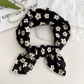 Floral print black cotton linen scarf tied as a hair ribbon on minimalist background - Black Small Flower