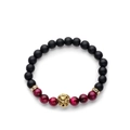 Black matte and red beads bracelet with golden lion head and crystal spacers on white background - Black Matte & Rose Red Tiger Eye