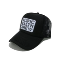 Detail of black trucker hat mesh back featuring a white embroidered palm tree pattern - Black