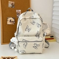Cream butterfly printed backpack for students with cloud plush charm and large capacity - White With Cloud Pendant