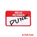 Detail of red and white HELLO my name is PUNK embroidered patch measuring 6.7x4.1cm - HELLO PUNK Name Tag