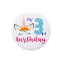Unicorn design tinplate birthday badge with My 3rd Birthday text and pink spiral horn - Number 3