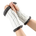 Chunky knit fingerless arm warmers in cream white with plush dark grey fur trim - One Size / White 2#