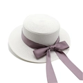 Detailed weave of cream boater hat with a lavender satin ribbon and elegant side bow - M (56-58cm) / White