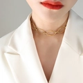 French style 18k gold plated stainless steel oval chain necklace worn by a model - Necklace / Gold