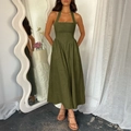 Sleeveless halter neck olive green maxi dress with high waist and pleated detail - S / Army Green