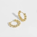 Detailed view of golden beaded hoop earrings with a metallic spheres design and latch back - Connected Metal Balls Style