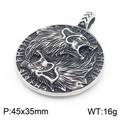 Nordic Viking wolf head pendant in silver finish with engraved runes, 45x35mm size - Round Double Wolf Rune Pendant - Silver (KP130379-MZOZ)