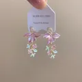 Elegant pink enamel flower drop earrings with S925 silver needle and blue floral details - Pink Enamel Flower Dangle Earrings (0901)