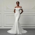 Off-the-shoulder zeemeermin trouwjurk met kant borduursel en kralen fishtail sleep - US 2 / Ivoor