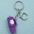 Purple soft PVC bubble tea cup keychain with white flower charm and metal clasp - Keychain / Dark Purple Flower Cup Keychain