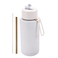 White stainless steel insulated sports bottle set with metal straw and brush - 1 L / Pop-up Straw Lid / White