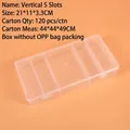Detailed view of clear 5-compartment plastic organizer box measuring 21x11x3.3cm - Vertical 5-Compartment (21x11x3.3cm)