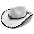 Classic white wool felt cowboy hat with black stitched brim and braided belt detail - White
