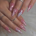Pink cat eye almond press-on nails with white hand-painted floral art on plush background - Pink Cat Eye Flower Style (JP3986)