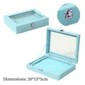 Cyan velvet jewelry box with transparent window and lock, size 20x15x5cm for rings - Long Bar Grid / Blue