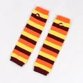 Detail of striped knitted fingerless arm warmers with thumb holes in orange and brown - Brown Yellow and Orange Striped
